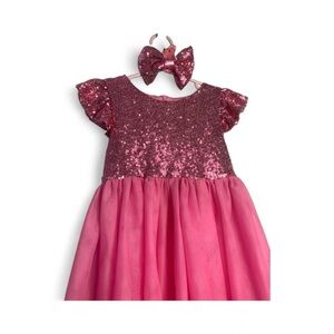 Hot Pink  Girls Size 110 Sequin Tulle Tutu Skirt Ruffle Short Sleeve W Headband